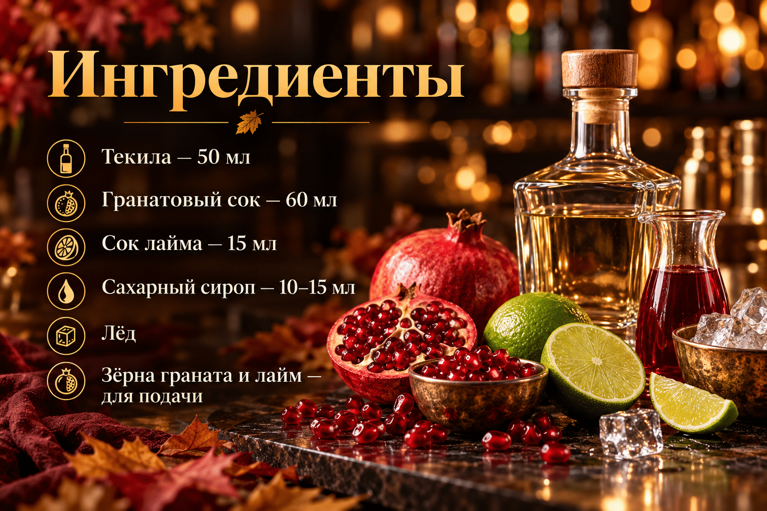 Ингредиенты коктейля с текилой и гранатом