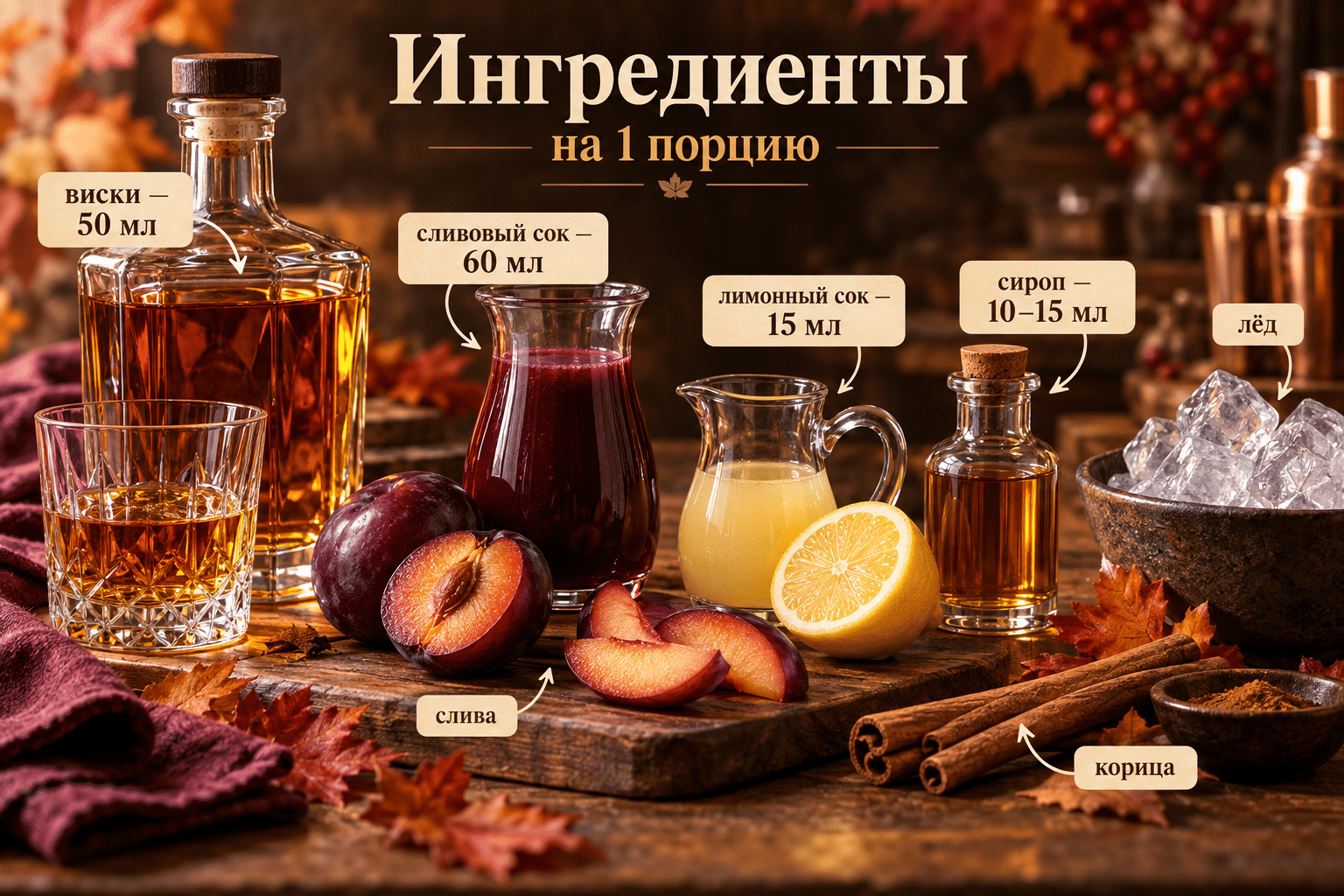 Ингредиенты коктейля с виски и сливой
