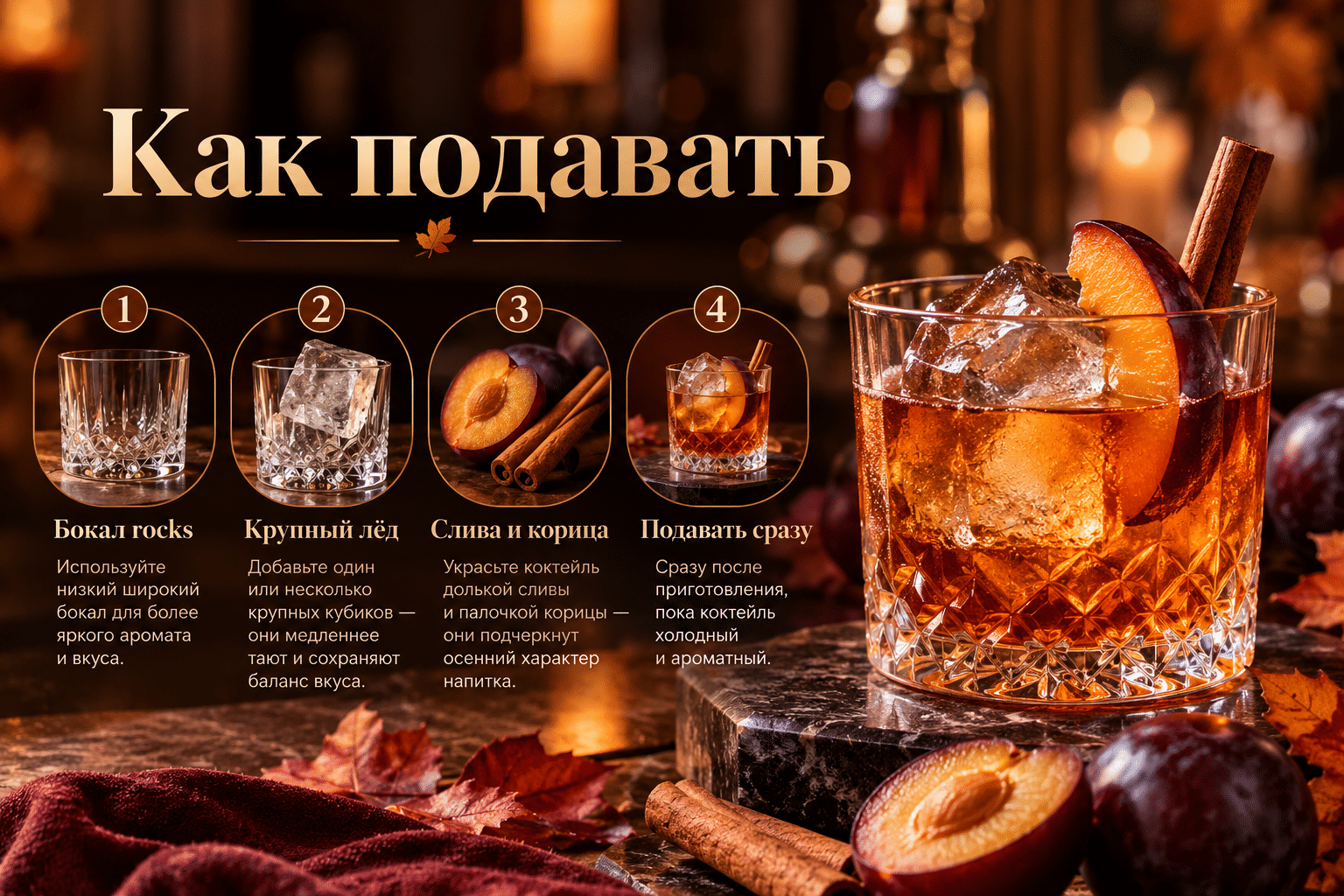 Как подавать коктейль с виски, сливой и корицей