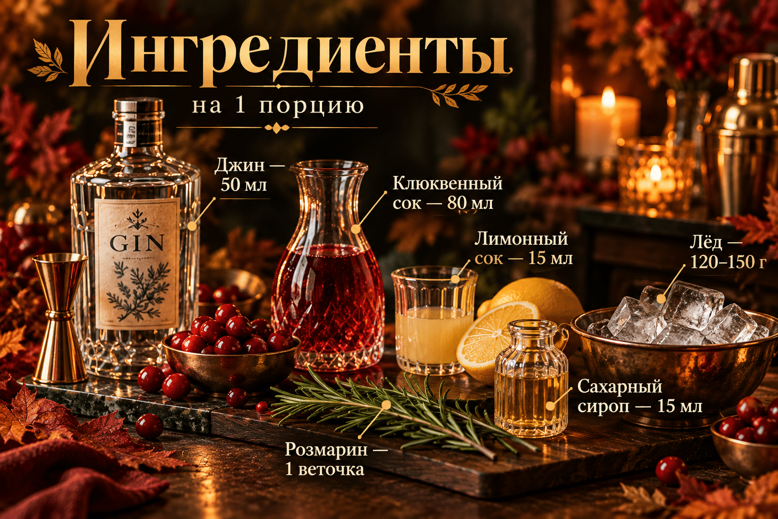 Ингредиенты коктейля с джином и клюквой