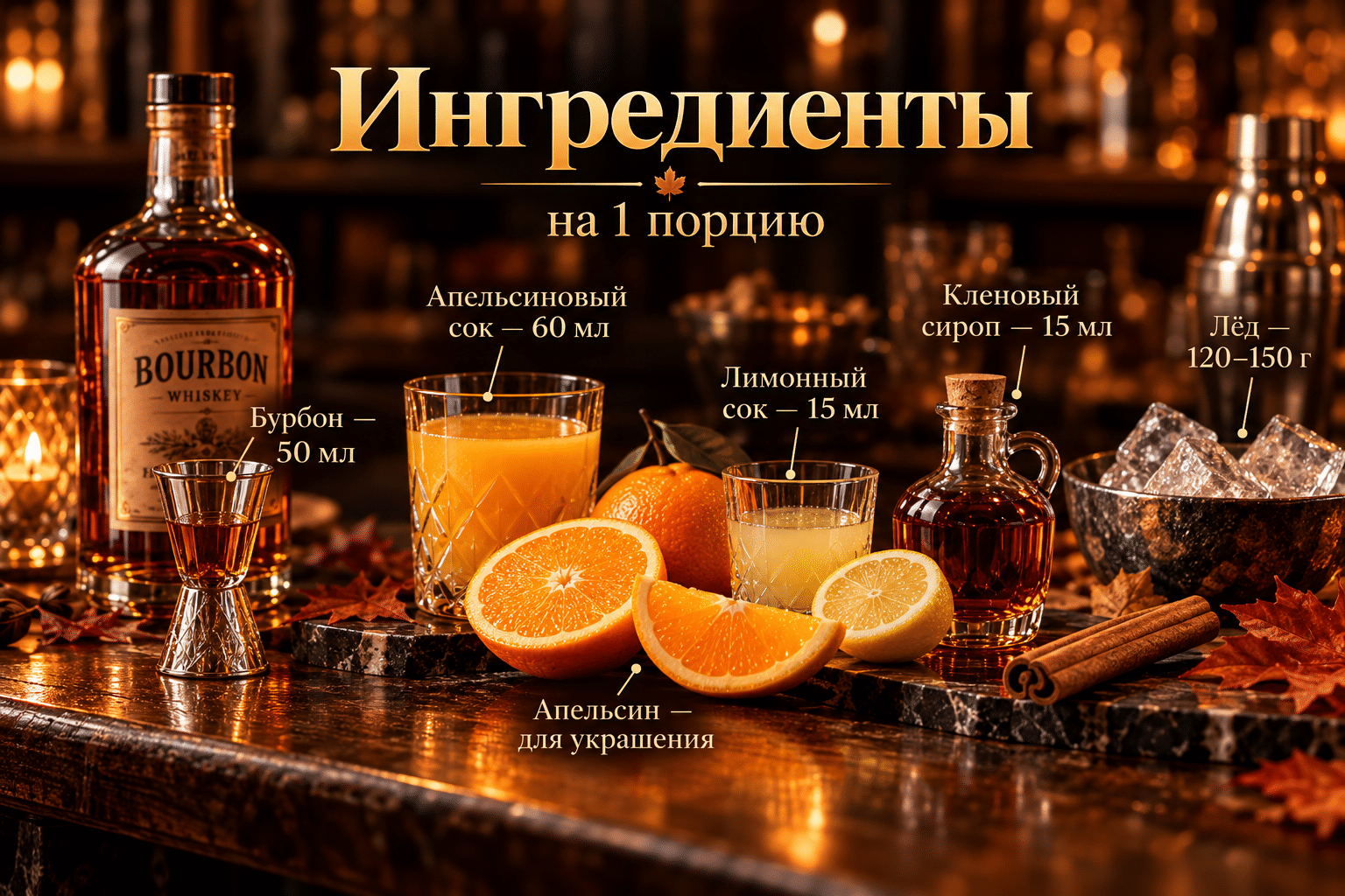 ингредиенты — Ингредиенты коктейля с бурбоном и апельсином